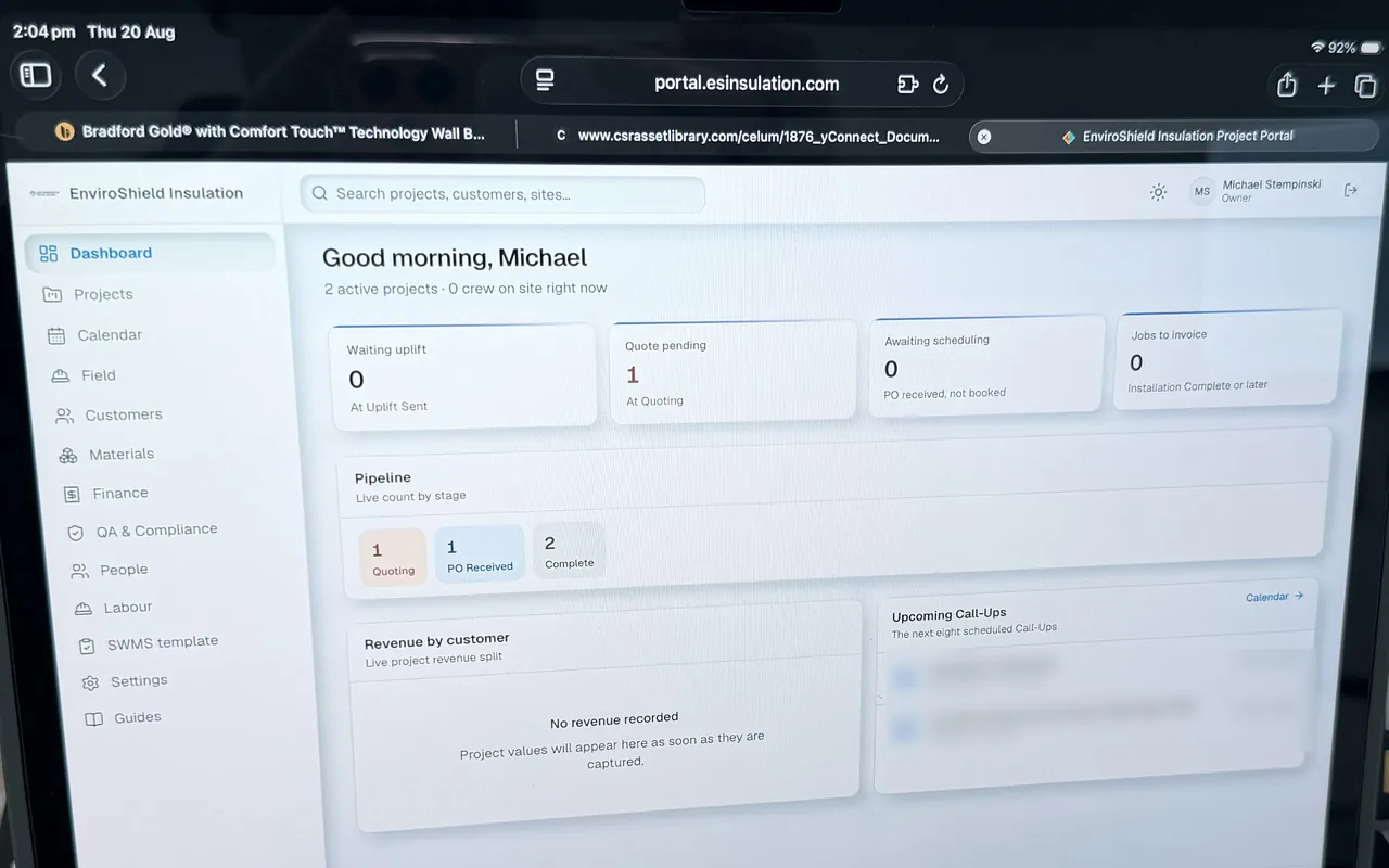 The EnviroShield Insulation project portal open on an iPad, showing the dashboard with pipeline stages, jobs awaiting scheduling and upcoming call-ups.