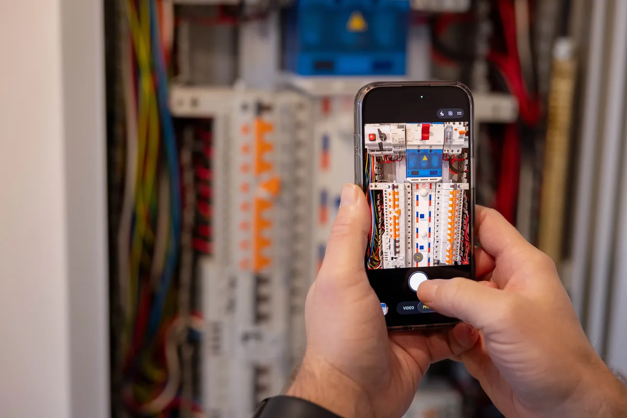 A technician documenting electrical equipment with an iPhone